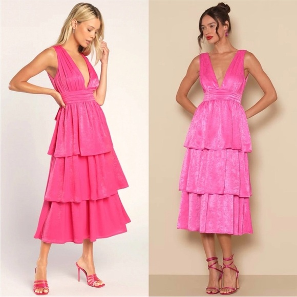 Lulus Dresses & Skirts - NWT Lulus Peak Party Vibe Satin Tiered Tie Midi Dress Hot Pink